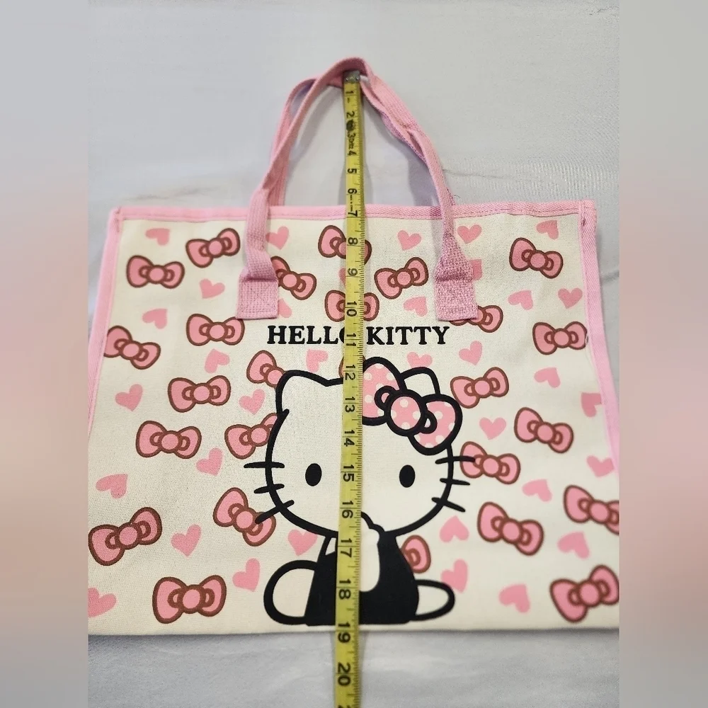 Hello Kitty Canvas Tote Bag Pink Cream Bow Print NWT